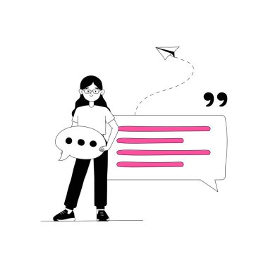 Bir kadın kağıttan bir uçakla konuşma balonu tutuyor, iletişimi, sohbet platformlarını ve çevrimiçi mesajlaşmayı simgeliyor..