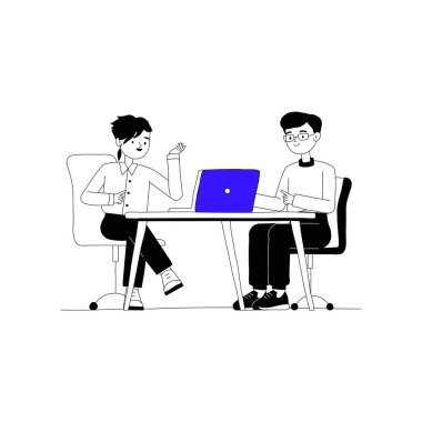 Two colleagues sitting at a table in an office setting, discussing work with a laptop in the middle, symbolizing teamwork and collaboration in a professional environment. clipart