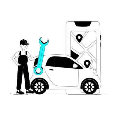 Aracın yanında duran büyük ingiliz anahtarı olan erkek bir tamirci, mobil araba tamirini, araba bakımını ve servis yardımını temsil ediyor..