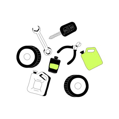 A collection of auto repair tools including a wrench, tires, and oil containers, symbolizing vehicle repair, car maintenance, and garage services. clipart