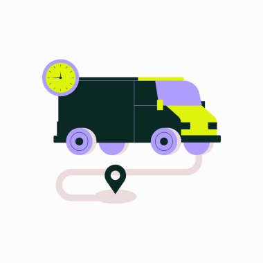 A delivery van is shown with a clock and location pin, representing logistics, fast delivery, and tracking in an efficient shipping process. clipart