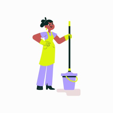 Elinde paspas ve kovayla duran bir kadın işçi, temizlik ve bakım hizmetlerini sembolize ediyor. Temizlik yaparken eldiven ve önlük takıyor..