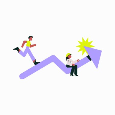 İki birey büyüyen bir okla etkileşime giriyor, biri koşuyor ve diğeri dizüstü bilgisayar üzerinde çalışırken oturuyor. Bu düz vektör çizimi iş büyümesini ve ilerlemeyi sembolize eder.