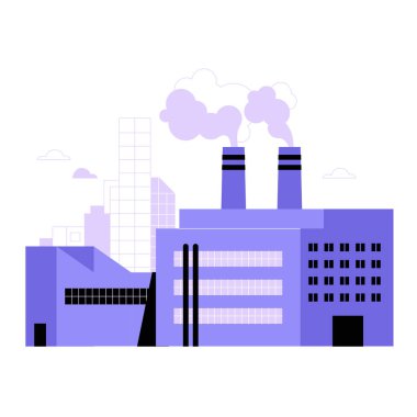 Duman yayan, imalatı ve büyük ölçekli üretimi sembolize eden, beyaz arka planda izole edilmiş, endüstriyel fabrika binası..