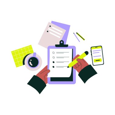 Planning tasks in an office setting with a checklist on a clipboard, documents, a smartphone, and a cup of coffee. Flat vector illustration representing productivity and organization. clipart