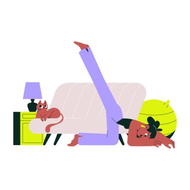 Evde kedisi kanepede uzanırken yoga esneme pozu veren bir kadın. Düz vektör illüstrasyonu, sakin bir iç mekanda rahatlamayı, uygunluğu ve farkındalığı temsil eder..
