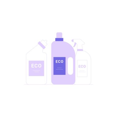 Set of eco friendly cleaning product bottles featuring eco labels, symbolizing sustainable household cleaning and environmentally conscious products. clipart