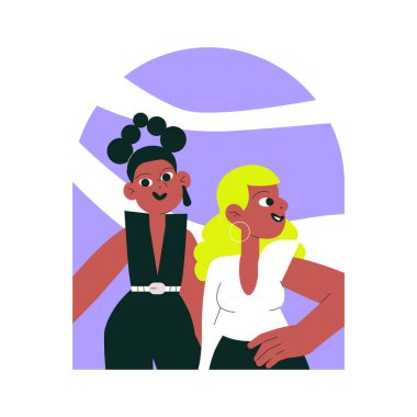 Göz kamaştırıcı kadınlar yan yana durur, birinin sarı saçları ve diğerinin de koyu renk saçları vardır. Düz vektör illüstrasyonu arkadaşlık, moda ve çeşitliliği temsil eder