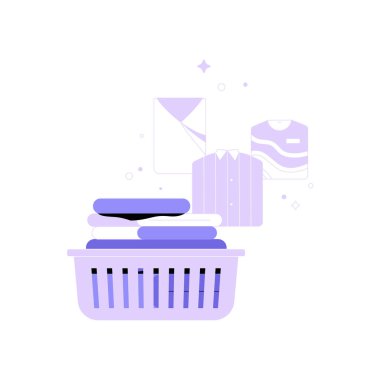 Ev işlerini ve temizliği simgeleyen katlanmış giysiler ve çamaşır sepetleriyle dolu çamaşır sepeti, yassı vektör çizimi.