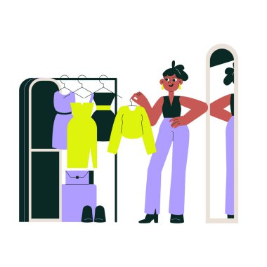 Moda tasarımcısı büyük bir aynanın yanında dururken elbise rafından kıyafet seçiyor. Moda tasarımı, terzilik ve gardırop tasarımını sembolize ediyor..