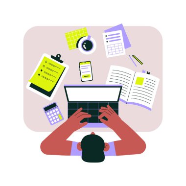 Evraklar, telefon ve hesap makinesiyle çevrili, dizüstü bilgisayarda yazan biriyle çalışma alanı. Üretkenliği, çoklu görevi ve iş çalışmalarını temsil eden düz vektör illüstrasyonu.