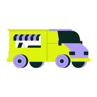 Yan taraftaki yemek kamyonunda fast food tezgahı var. Gezici gıda hizmetlerini, sokak yemekleri satıcılarını ve açık hava yemek seçeneklerini temsil eden düz vektör illüstrasyonu.