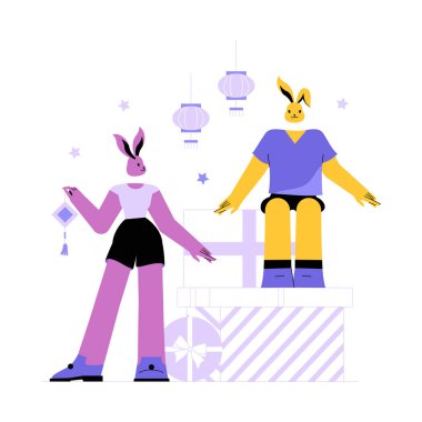 Biri fener tutan iki tavşan karakteri, üzerinde fenerler asılı olan büyük hediye kutularının yanında duruyor. Ay 'ın yeni yılını, şenliği, hediye alışverişini ve dostluğu simgeliyor..