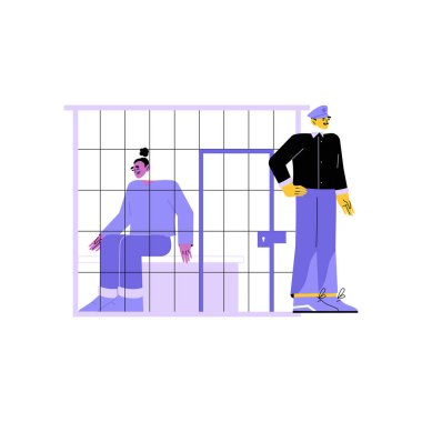 Hapishane hücresinde erkek gardiyan olan kadın mahkum yasaları, güvenliği ve adaleti simgeliyor. Düz vektör tarzında betimlenmiş, beyaz arka planda izole edilmiş..