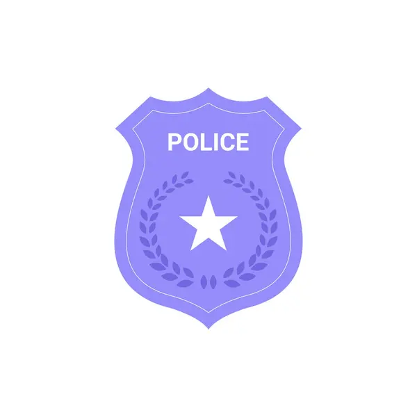 Üzerinde yıldız amblemi ve defne yaprakları olan polis rozeti yasaları, otoriteyi ve güvenliği simgeliyor. Düz bir vektör tarzıyla betimlenmiş, beyaz bir arka planda izole edilmiş..