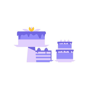 Dekoratif stantlarda pasta koleksiyonu, katmanlar ve kremalar, tatlıları, kutlamaları ve özel etkinlikleri sembolize eden.