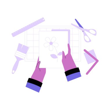 Stüdyo ortamında sanat, zanaat ve yaratıcılığı simgeleyen makas ve cetvel gibi zanaat araçlarıyla çevrili bir çiçek sanatını tutan eller..