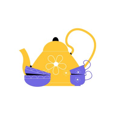 A yellow teapot with a floral pattern, accompanied by matching cups and bowls, symbolizing tea time, relaxation, and social gathering, isolated on a white background. clipart