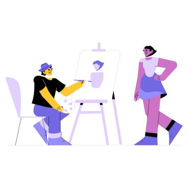 Şövaleye resim yapan bir sanatçı yaratıcılığı, sanatı ve yeteneği sembolize eder. Bir kadın denek, beyaz arka planda izole edilmiş, devam etmekte olan sanat eserlerini gözlemliyor..