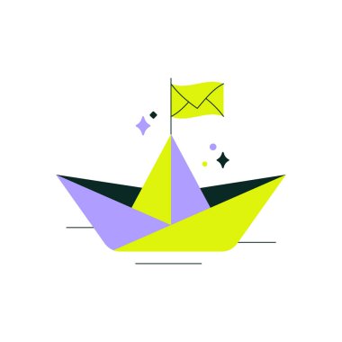 A paper boat with a flag featuring an envelope icon, symbolizing communication, messaging, and connectivity, in flat vector illustration, isolated on white background. clipart