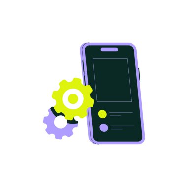 Mobil uygulama geliştirme ve teknoloji esnekliğini temsil eden kişiselleştirmeyi, ayarları ve teknolojik ayarlamaları sembolize eden iki vitesli akıllı telefon.