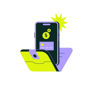 Çevrimiçi işlemleri, dijital bankacılık ve finansmanı sembolize eden ödeme simgelerine sahip mobil cüzdan, mobil teknoloji yoluyla güvenli ve uygun para yönetimini temsil eder.