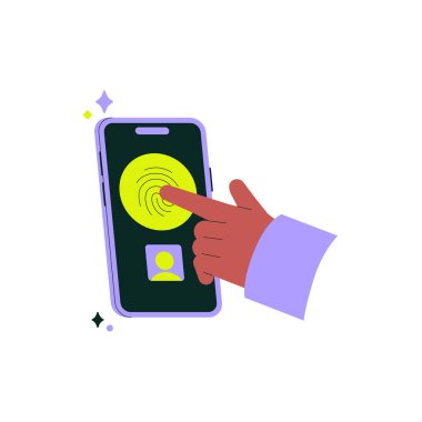 Doğrulama için akıllı telefondan parmak izi tarayıcısına basın. Güvenlik ve teknolojiyi sembolize ediyor. Düz vektör çizimi, beyaz arkaplanda izole.