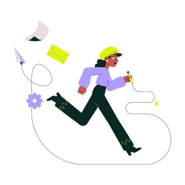 Şapka takan bir kadın işçi dijital bir kaçış temasında koşuyor. Elinde, verimliliği ve iletişimi sembolize eden çarklar ve kağıt uçaklarla çevrili bir belge var..