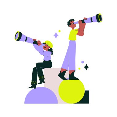 Illustration of a man and woman looking through telescopes, symbolizing exploration, vision, and future aspirations. Set in a flat vector style, isolated on white. clipart