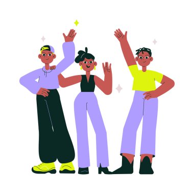 Üç arkadaş, günlük giysiler içinde, ellerini sallayarak arkadaşlığı ve sosyal etkileşimi sembolize ediyorlar. İllüstrasyon, genç yetişkinler arasındaki bağlantı ve neşeli etkileşimi temsil ediyor..