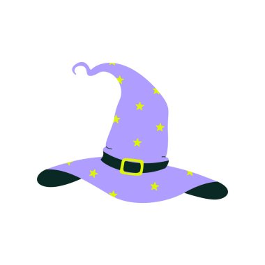 Wizard hat decorated with stars and a buckle, representing magic, witchcraft, and fantasy elements. Flat vector illustration for Halloween, cosplay, and mystical themes, isolated on white clipart