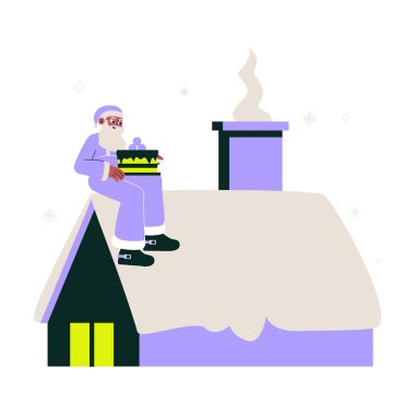 Modern Santa Claus sitting on a rooftop near a chimney, holding a cake. Flat vector illustration symbolizing Christmas, holiday celebrations, and festive winter traditions. clipart