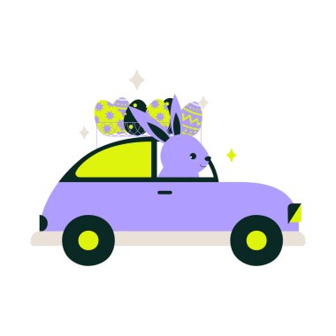 Çatıda süslü yumurtaları olan bir araba kullanan Paskalya tavşanı, bayram kutlamasını, Paskalya teslimatını ve şenlikli eğlenceyi simgeliyor. Düz vektör çizimi, beyaz arkaplanda izole.