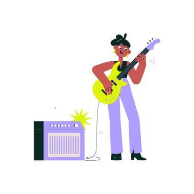 Elektro gitar çalan bayan müzisyen amplifikatörün yanında duruyor. Bu illüstrasyon canlı müzik performansını, yaratıcılığı ve müziğe olan tutkuyu simgeler ve beyaz bir arkaplanda izole edilir.