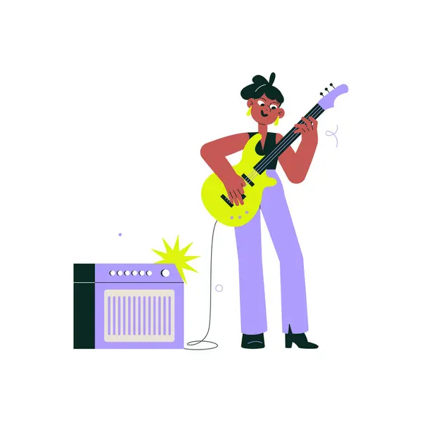 Elektro gitar çalan bayan müzisyen amplifikatörün yanında duruyor. Bu illüstrasyon canlı müzik performansını, yaratıcılığı ve müziğe olan tutkuyu simgeler ve beyaz bir arkaplanda izole edilir.