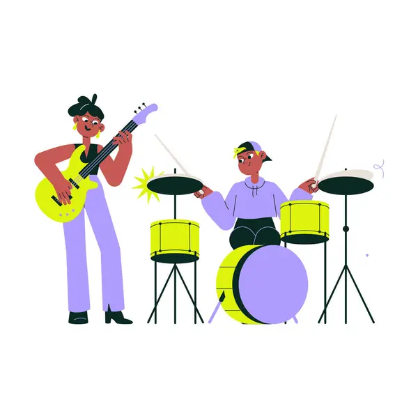 Canlı müzik, işbirliği ve yaratıcılığı temsil eden, elektro gitar ve davul çalan müzisyenlerin yer aldığı grup performansı. Düz vektör çizimi, beyaz arkaplanda izole.