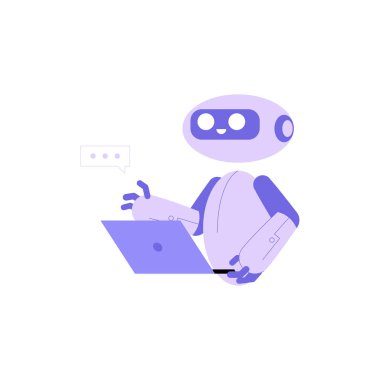 Dizüstü bilgisayar kullanan bir robot, yapay zeka yardımı, veri işlemeyi ve uzaktan çalışmada yapay zekanın rolünü sembolize ediyor. Dijital verimliliği betimleyen düz vektör çizimi.