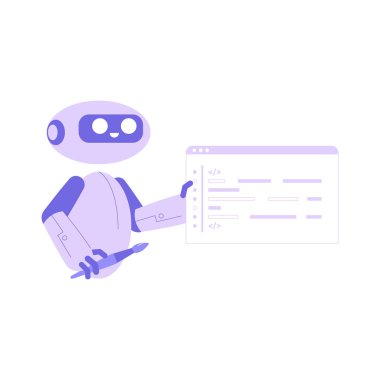 Robot bir işaret tutuyor, ekranda veri sunuyor, veri analizi, iş zekası ve dijital çalışma alanında otomasyonu temsil ediyor..