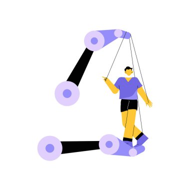 Human figure hanging from robotic arm represents influence, control, and dependency on technology, emphasizing automation and its impact on human autonomy. clipart