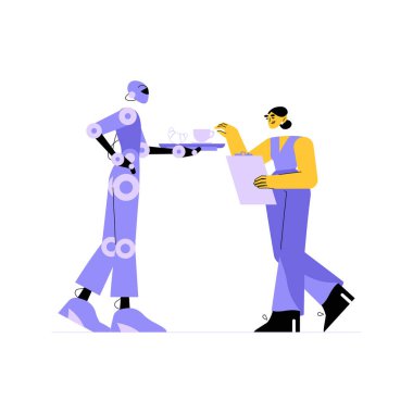 Kadın garsona içki sunan bir robot servis endüstrisinde otomasyonu ve insan robot işbirliğini temsil ediyor. Gelecekteki servis rollerini vurgulayan düz vektör illüstrasyonu