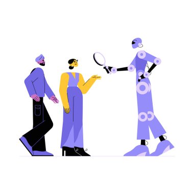 Robot providing assistance to male and female clients, symbolizing AI in customer service. Male client with beard, female client gesturing in conversation with the robot in an office setting clipart