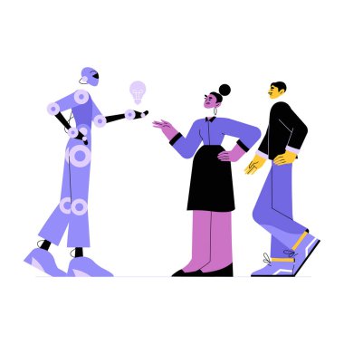 Robot presenting a lightbulb to a male and female client, symbolizing AI driven innovation and idea sharing. Male and female clients are receiving the idea in a collaborative setting. clipart