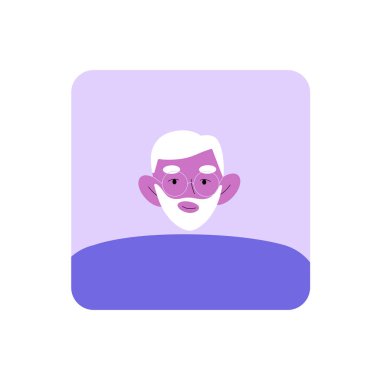 Beyaz sakallı, bilgeliği, deneyimi ve yaşı simgeleyen yaşlı bir adam avatarı portresi. Düz vektör biçimi, izole.