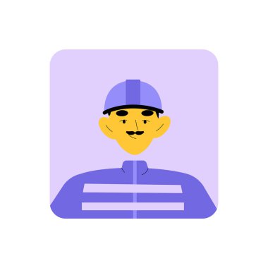 Kasklı ve üniformalı erkek itfaiyeci avatarı. Güvenliği, cesareti ve acil durum kurtarma hizmetlerini simgeliyor. Düz vektör portresi.