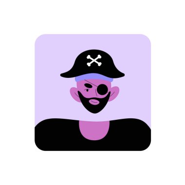 Illustration of a pirate avatar with a hat and eye patch, representing adventure, boldness, and fantasy themes. Flat vector design, isolated on white, ideal for avatars and gaming icons. clipart