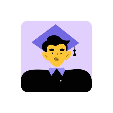 Portrait of a male graduate avatar in a cap and gown, representing education, achievement, and success. Flat vector style, isolated. clipart