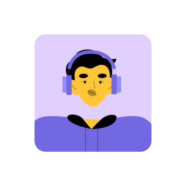 A young male avatar with headphones, enjoying music or an audio experience, depicted in a minimal flat style, perfect for digital media and avatar representation. clipart