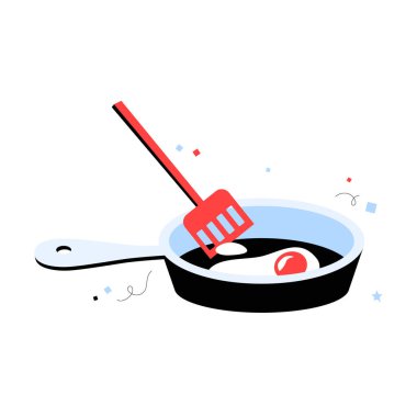 Illustration of a frying pan with a cooking egg and a red spatula, representing breakfast cooking in a flat vector style, isolated on white background. clipart