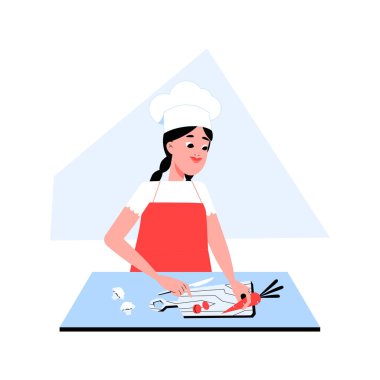Aşçı şapkalı kadın şef tahtada sebze kesiyor, aşçılık becerilerini ve yemek hazırlığını sembolize ediyor, beyaz arka planda izole edilmiş. Mutfak ve yemek pişirme sürecini temsil eder.