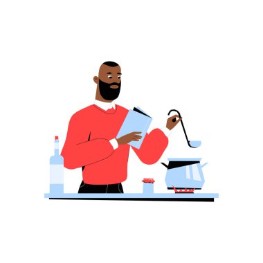 Yemek tarifi kitabı okuyan, tencereyi fırında karıştıran, aşçılık uzmanlığını ve yemek pişirme becerilerini sembolize eden, beyaz arka planda izole edilmiş bir erkek şef. Mutfak ve yemek hazırlıklarını temsil eder..